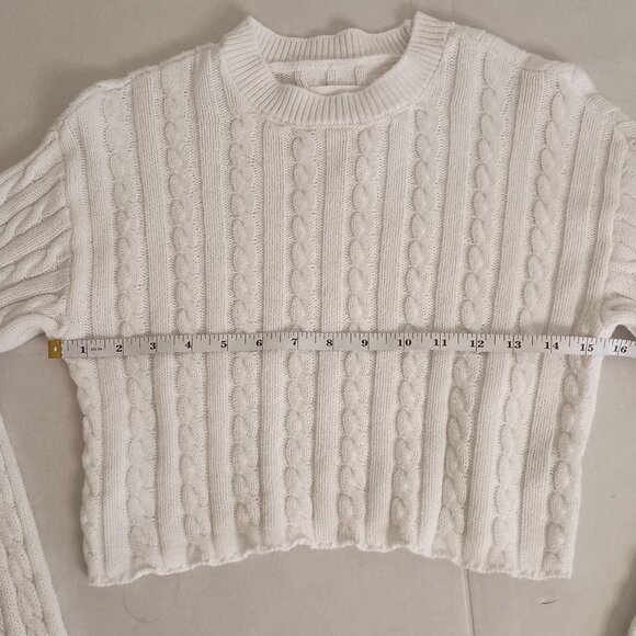 Aerie White Cable Knit Cropped Crew Neck Cotton Sweater Women’s Size XS - Picture 12 of 16